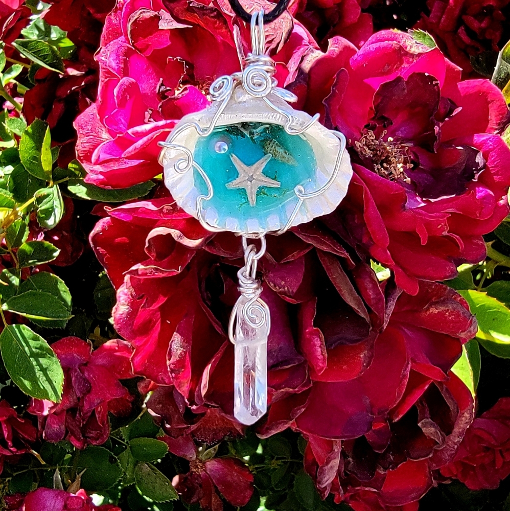 Sea Shell Clear Quartz Wire Wrapped Epoxy Necklace